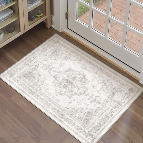 HUGEAR Vintage Grau Waschbarer Teppich im Eingangsbereich 60x90cm fußmatte badezimmerteppich Weich rutschfest Retro Kleiner Tepich Kurzflor Bad Schlafzimmer Carpet Bedroom