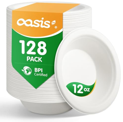OasisSN 360ml (12 oz) 128 Pack Compostable Paper Bowls, Disposable Soup Bowls, Heavy Duty Bagasse Bowls for Soup, Cereal & Porridge, Microwave & Freezer Safe, Eco Friendly (White)