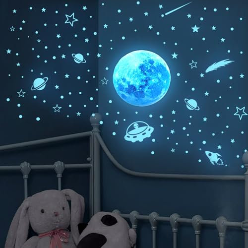 Dcsfadq Leuchtsterne Wandsticker für Kinderzimmer, Leuchtende Mond Leuchtsticker mit Planeten und Sternen, Wandaufkleber mit Weltraum-Motiv, Wohnzimmer Dekoration, Blau