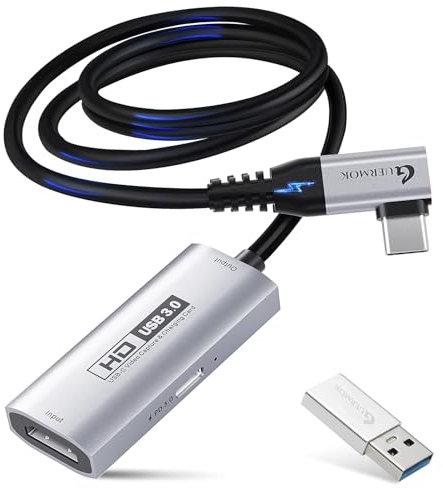 Guermok Tarjeta de Captura USB3.0 para Streaming, Adaptador USB-C/Tipo C 90° y PD 100W, 3.3ft 2K@30FPS HDMI a USB A/C para Quest3/Pad/MacOS/Switch/PS5/4