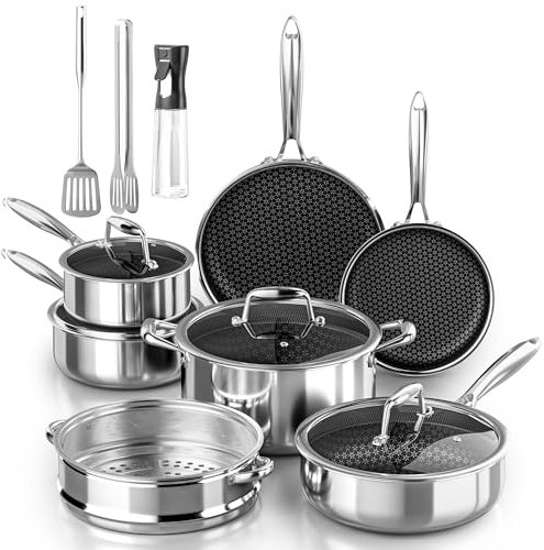 RIOVARM Aceros inoxidables Juego de ollas y sartenes con Tapas, Inducción Antiadherente Batería de cocina sin PFOA, Juego Esencial de Cocina, Apto para hornos, Olla Sartén Casserole