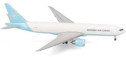 Herpa Modellflugzeug Maersk Air Cargo Boeing 777F - OY-MAC Maersk Swan, Miniatur im Maßstab 1:500, Sammlerstück, Flugzeug Modell ohne Standfuß, Metall