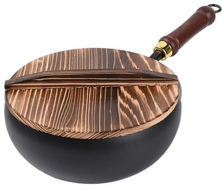 Genérico Traditional Cooking Wok, Iron Cooking Pan, 9.45 inch, Ergonomic Uncoated with Wood/Glass Lid, Heat-Resistant Handle Classic Design, Ideal for Outdoors, Restaurant, Camping Use