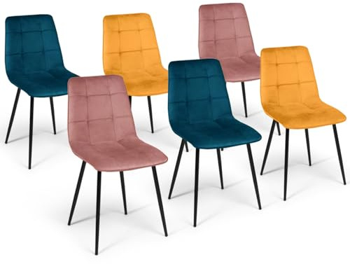 IDMarket - Lot de 6 chaises Mila en Velours Mix Color | Bleu x2, jaune ocre x2 et rose x2