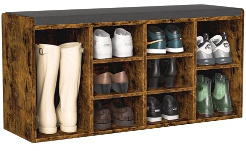 Blisswood Shoe Storage Bench, Hallway Bench with 9 Open Storage Compartments, Adjustable Shelves, Wooden Shoe Rack Organiser & Padded Seat, Multi-Purpose Shoe Cabinet for Entryway Living Room (Rustic)