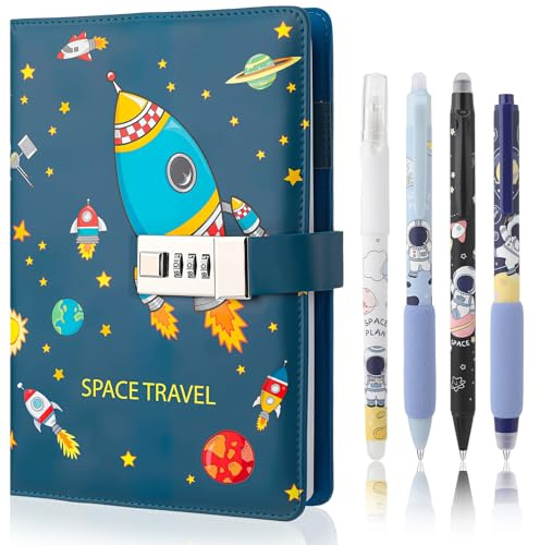 Candcamp Space Themed Notebook Diary with Lock Pen for Boys | Lockable Secret Journal with Password Set Educational Back to School Stationery Birthday Prensent for Kids