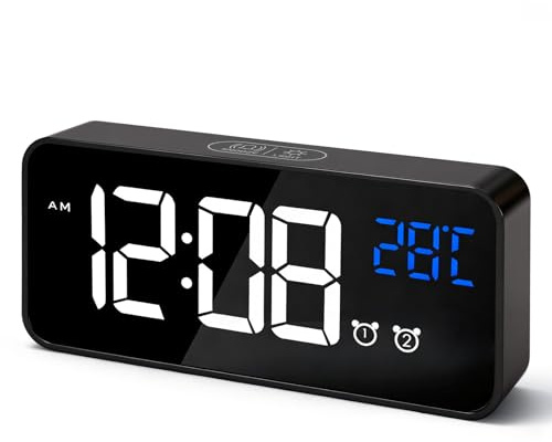 TAVADA Sveglia da comodino Portatile,Sveglia Digitale,Orologio Digitale LED con Termometro,2 Sveglie,13 Tonalità,Controllo Vocale,4 Livelli Luminosità,Funzione Snooze,Formato 12/24h (Nero)