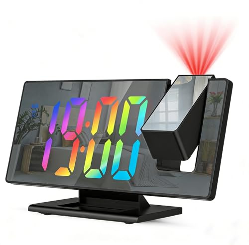 LED Projection Clock Bedside, Mirror Alarm Clock with Temperature, Snooze, Night Mode, Adjustable Brightness, 12/24H Display, Colorful Digit for Bedroom Home Office USB Powered (Adapter Not Included)