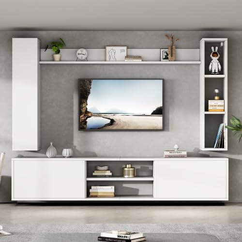 Merax TV Wohnwand-Set 180x35x33.5cm – TV-Schrank, 2 Wandschränke & 1 Wandregal, Weiß, Für Fernseher bis 80 Zoll, Lowboard mit Schubladen und Türen, Wohnzimmer Möbel Set