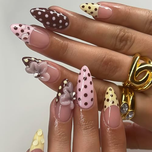 Bubaxuce Polka Dot Presse Sur Ongles Amande Moyenne Faux Ongles Pois Pointe Française Fausse Manucure 3D Fleurs Motif Complet Recouvrement Brillant Adhésif Ongles Pour