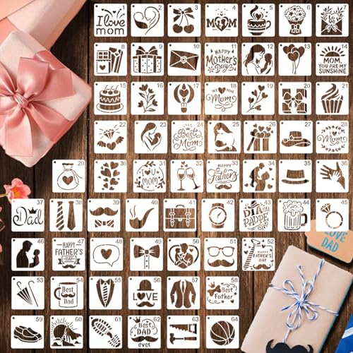 64 Stück Schablonen Set Muttertag Vatertag Herz Liebe Geschenk Wiederverwendbare Zeichenschablonen für DIY Basteln Karten Scrapbooking