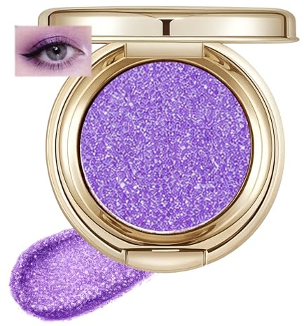 Violet Metallic Shimmer Eyeshadow, Single Pressed Powder In Gold Compact | Silver-Toned Reflective Finish, Hinged Lid For Storage, For Daytime Accents, Evening Eye Make-Up And Parties