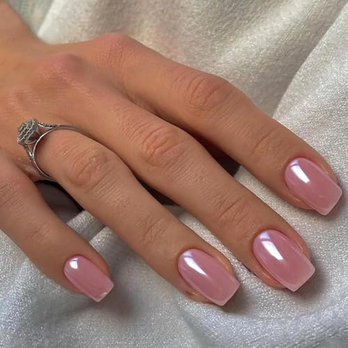 Chrome False Nails Short, SXVME Glazed Bright Pink Press On Nails Medium Square, Glitter Shine Fake Nails Glue on Nails Short Cute, Acrylic Stick on Nails for Women Daily & Party Wear