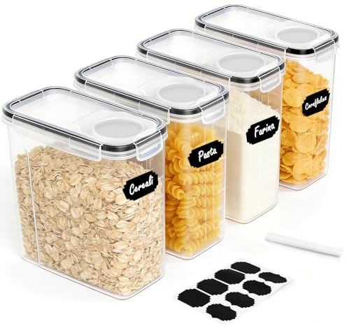 Inreeme Contenitori Ermetici Alimentari con Coperchio 4L – Set da 4 Scatole di Conservazione per Cucina in Plastica, Ideale per Farina, Muesli, Cornflakes e Cereali, Include 8 Etichette e 1 Pennarello