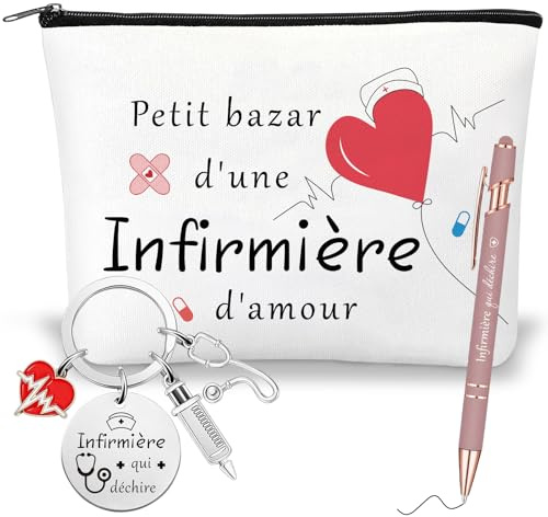 Cadeau Infirmiere Femme,Infirmiere Accessoires Pochette Trousse avec Porte Clé avec Cœur Stéthoscope Seringue et Stylo à Bille,Cadeau Collegue de Travail Femme, Infirmière Qui Déchire, Cadeaux de Noël