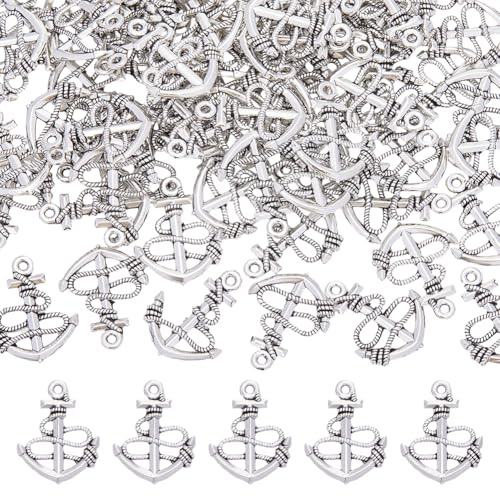 CRAFTYMELODY 100 Stück Anker Zeichen Metall Anhänger Tibetisch Stil Anker Rad Deko Anhänger Antik Silber für Schmuck Herstellung DIY Handwerk