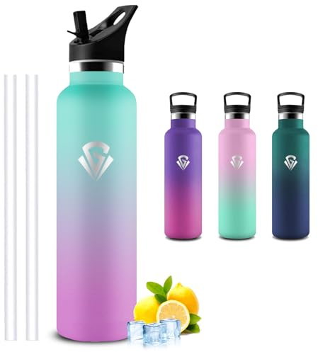 Botella Agua Acero Inoxidable- Botella Termica 1 litro- sin BPA- Cantimplora con Pajita- A Prueba de Fugas- Cantimplora Acero Inoxidable- Fácil de limpiar, Termo para Correr, Deportes, Running