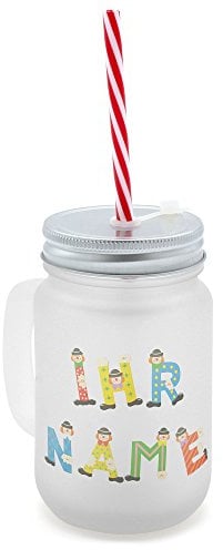 printplanet® - Trinkglas mit Henkel und Strohhalm - personalisiert mit Namen - Motiv Holzbuchstaben - Henkel-Glas satiniert mit Deckel und Mehrweg-Trinkhalm