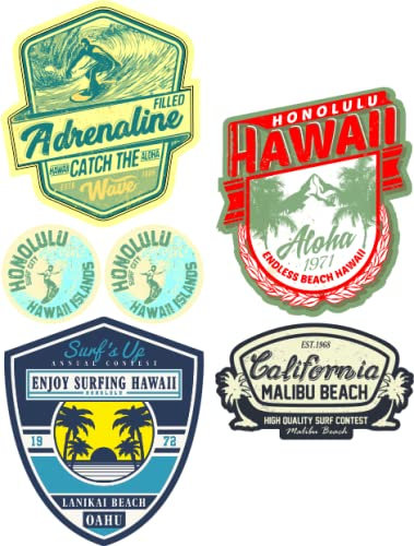 MG639 / 6X Aufkleber SURF Breite je ca. 6,5 cm / 3cm Surfing Beach Hawaii California Malibu Wave Board Rider Sticker Tuning Oldtimer Vintage Retro Look Style Kult V8