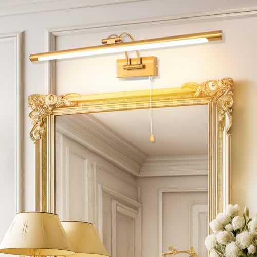 MantoLite LED Bilder Wandleuchte 12W 60CM Waschtisch Badezimmer Wandleuchte Spiegel Leuchten,Innenbeleuchtung mit Schwenkbarem Lampenkopf und Zugschalter, 3000K Messing Leseleuchte Wandleuchten