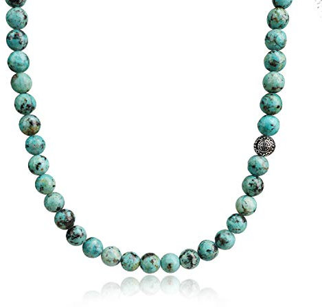 COAI Geschenkideen Herren Halskette aus Afrikanischem Türkis Perlenkette Bead Kette mit Chinesischer Langlebigkeit Charm aus Silber 55cm