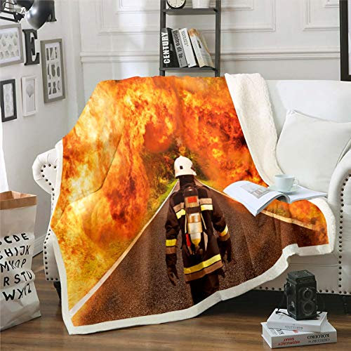 Feuerwehrmann Kuscheldecke Feuerwehrmann Bedruckte Decke für Sofa Couch Bett Brennendes Feuer Fleece Wohndecke Feuerwehr Held Warm Couchdecke Raumdekor Plüsch Flanell Fleecedecke 150x200cm