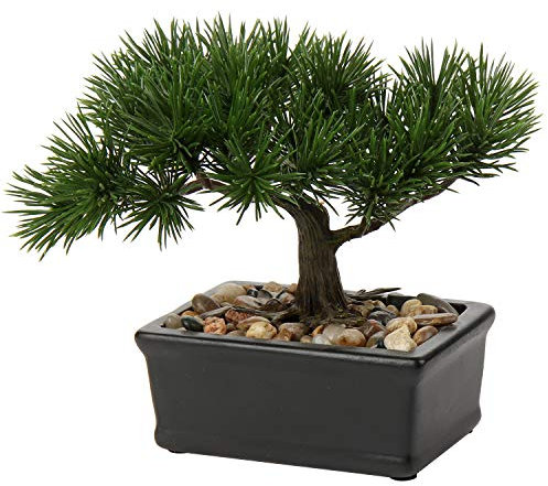 Kunstbonsai Naturgetreue Künstliche Pflanze Kunstbaum Bonsai Zeder Kiefer Podocarpus Plastik Pflanze Kunstpflanze mit Keramik-Übertopf in Schwarz für Baddeko Desktop Büro Fensterbank