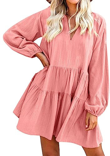 FANCYINN Damen Rüschen Glockenärmel Etuikleid Babydoll Leinen Casual Minikleid mit Taschen Langarm Rosa L