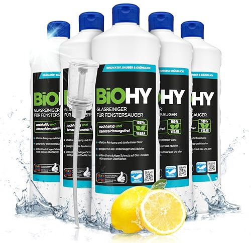 BiOHY Glasreiniger für Fenstersauger (6 x 1 Liter) + Dosierer | Fensterreiniger Konzentrat für alle Fenstersauger | Bio Reinigungsmittel sorgt für streifenfreien Glanz | Glasreiniger