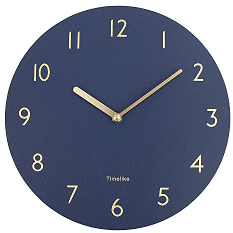 Timelike PU Leder Wanduhr analog, geräuschlos und Nicht tickend Dekorative Quarzuhrwerk mit Langer Batterielaufzeit, rund 30 cm. (Marine)