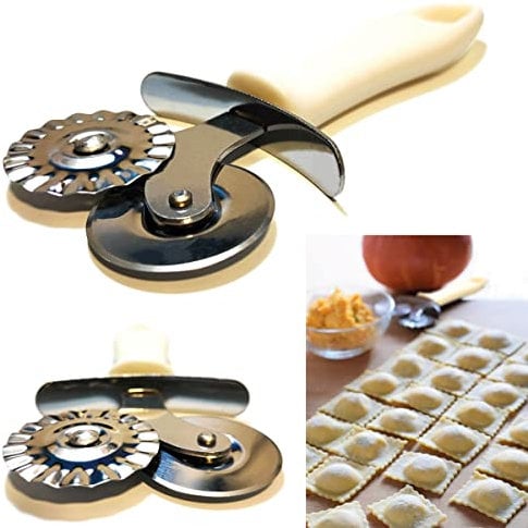 Rotella Tagliapasta in Acciaio Inox con Impugnatura Ergonomica, Taglia Pasta Bilama Liscia e Dentata per Sfoglia a Mano