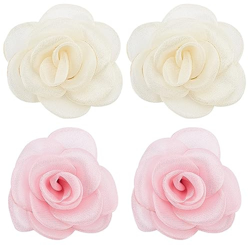 craspire 4PCS Rose Flower Clips Tissu Rose Fleur Rose Blanc Organza Rose Chaussures de Mariage Accessoire de mariée pour Bijoux Chaussures vêtements Sacs Chapeaux décor