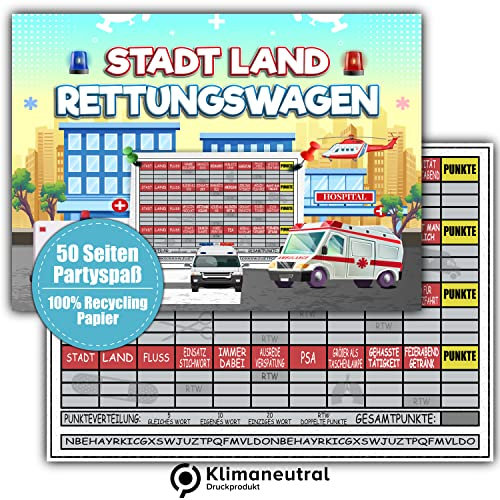 Stadt Land Rettungswagen Rätzel RTW Rettungsdienst Geschenk 50 Seiten DIN A4 Recycling Papier