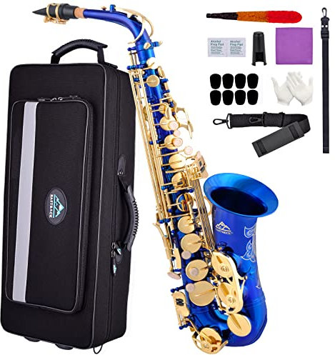 Eastrock Altsaxophon, Saxophon aus Messing und flach, geeignet für Schüler und Anfänger, Saxophon-Set mit Tasche, Reinigungsprodukte, weiße Handschuhe und mehr (Blau)