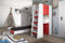 Marlux-Meble Hochbett JSM-7 90x200 TREPPE RECHTS mit Schreibtisch Schränke und Ausklappbares Sofa 70x180 Hochglanz Funktionsbett Etagenbett Stockbett Kinderhochbett Jugendhochbett (Rot Glanz)