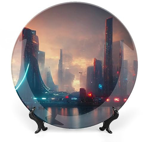 Gokays Platos decorativos, placa de cerámica futurista con pintura de cielo de ciudad para el hogar, placa tambaleante con soporte de exhibición, decoración para colgar en la pared para sala de estar,