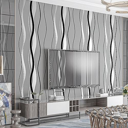 Warmiehomy Non-Woven Wallpaper Flocking 3D Wallpapers 53cm x 9.5m Minimalism Wavy Stripe Wall Covering for Living Room Bedroom Home Decoration