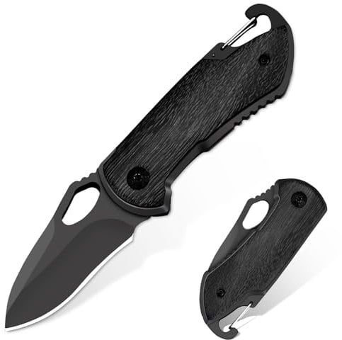 eiloszf Klappmesser Holzgriff, Jagd Camping Taschenmesser, Einhändig Klein Messer,Einhandmesser Outdoor Mini Klein Taschenwerkzeug Gürtelmesser (Schwarz)
