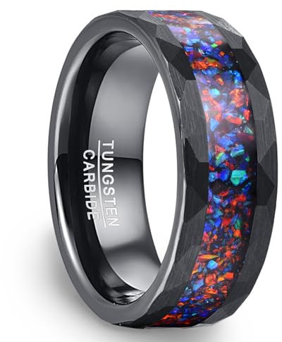 NUNCAD Wolfram Ring Schwarz Herren 8mm Galaxy Opal Ring Gehämmert Eheringe Männerring für Hochzeit, Verlobung, Versprechen Größe 62(19.7)