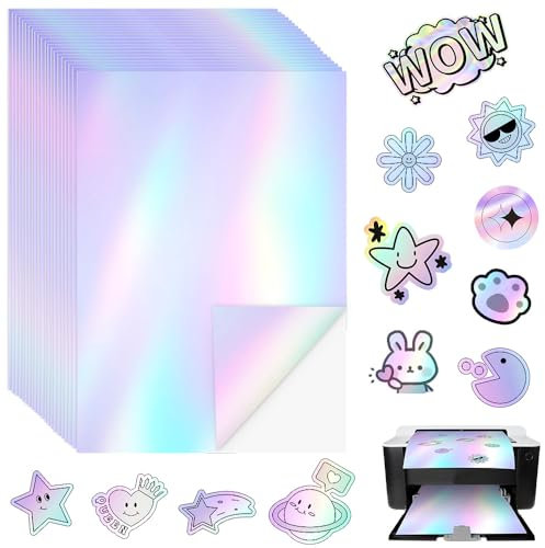 Sticker Paper for Printer A4, ADERTOS 24 Sheets Holographic Vinyl Sticker Paper Printable Self Adhesive Printer Paper Waterproof Sticky Label Overlay Lamination Sticker Film for Inkjet Laser Printer