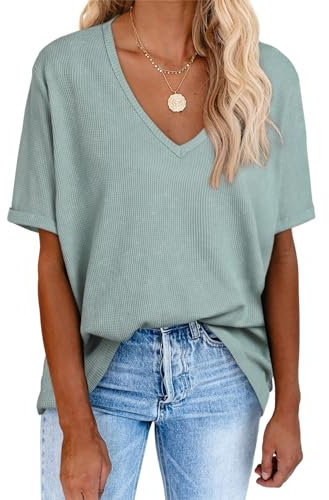 Dokotoo T-Shirts Damen Oversize Sommer Oberteile Kurzarm V-Ausschnitt Tshirts Oberteil Baumwolle Locker Casual Bluse Tunika Waffel Pullover Tops Blusen Tuniken Grün XL