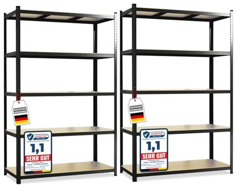 KARAT – Lot de 2 étagères Robustes Lakota pour Charges Lourdes – Étagères enfichables avec 5 tablettes réglables – Rayonnages en métal Idéal pour Cave ou Garage – Noir, 200 x 120 x 60 cm