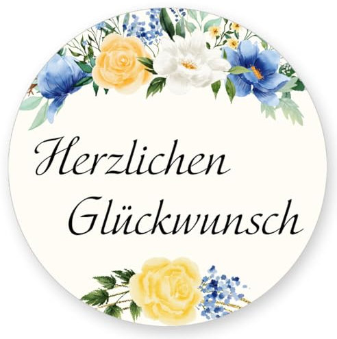 50 Aufkleber HERZLICHEN GLÜCKWUNSCH - Blumenmotiv Rund Ø 4,5 cm, Besondere Anlässe Glückwünsche, Motiv-Sticker