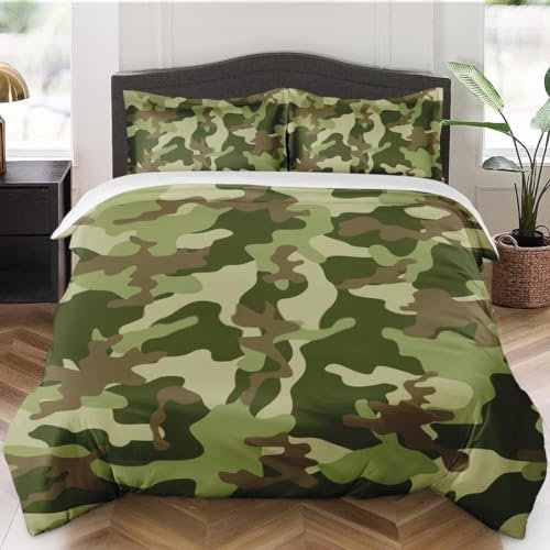 Militär Bettwäsche 155x220 cm Weich Microfaser Bettwäsche-Sets Tarnung Bettbezug 3D Bettbezüge mit Reißverschluss und 2 Kissenbezug 80x80 cm, E2825