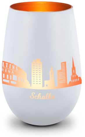 GRAVURZEILE Deko Windlicht aus Glas mit Gravur - Skyline Schalke - Hochwertige 360° Lasergravur - Dekoratives Geschenk als Andenken, Souvenir oder für Sammler zum Geburtstag - Farbe: Weiß/Bronze