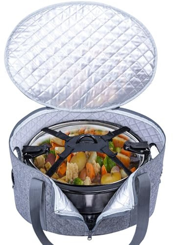 BAGSPRITE Slow Cooker Carrying Case, Insulated Grey Bag for 6-8 Quart Crockpot, Compatible with Hamilton Beach & Crockpot, Advanced Features, Oval, 1961.4 Cubic Inches