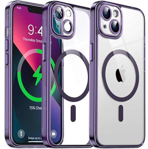Flyzoo Cover Magnetica Trasparente per iPhone 13 - [con Pellicola di Protezione Fotocamera] [Antilngiallimento & Antiurto & Antigraffio] Custodia Rigida con Bordo in Silicone, 6,1, Viola