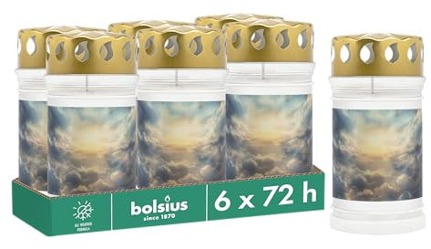 Bolsius Lot de 6 bougies funéraires - Avec motif - Ciel - Longueur de combustion : 3 jours - Bougie funéraire et mémorial - Combustion propre - Sans huile de palme, Blanc.