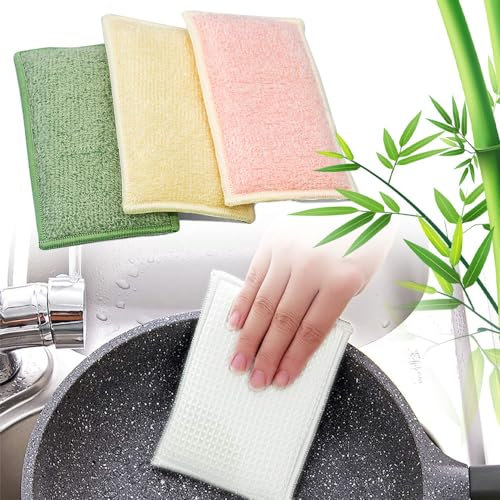 Lot de 3 - Éponges Réutilisables Lavables en Fibre de Bambou - Durable et Biodégradable | Éponge Vaisselle Écologique sans Produits Chimiques | Zéro Déchet et Hypoallergénique | Dure Longtemps