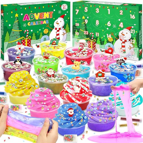 YUEJIDZ Schleim Adventskalender 2024 für Jungen Mädchen, flauschigen Slime Kinder Weihnachten Vorteil Kalender 24 Tage, Weihnachten Überraschungen Geschenk mit Unterschiedliche Textur Schleim Kit